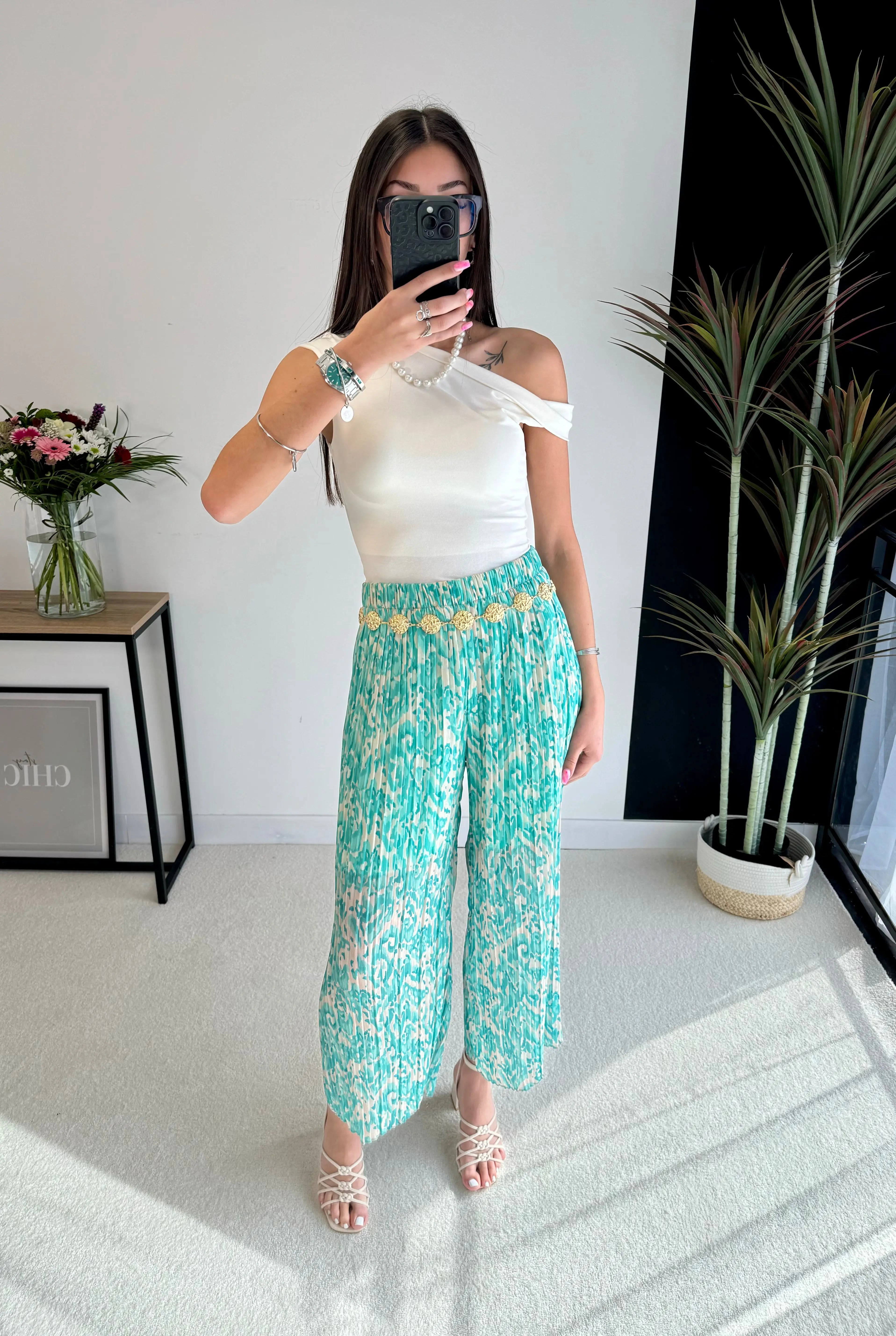 Pantalon plissé à motifs turquoise DS.Sélection