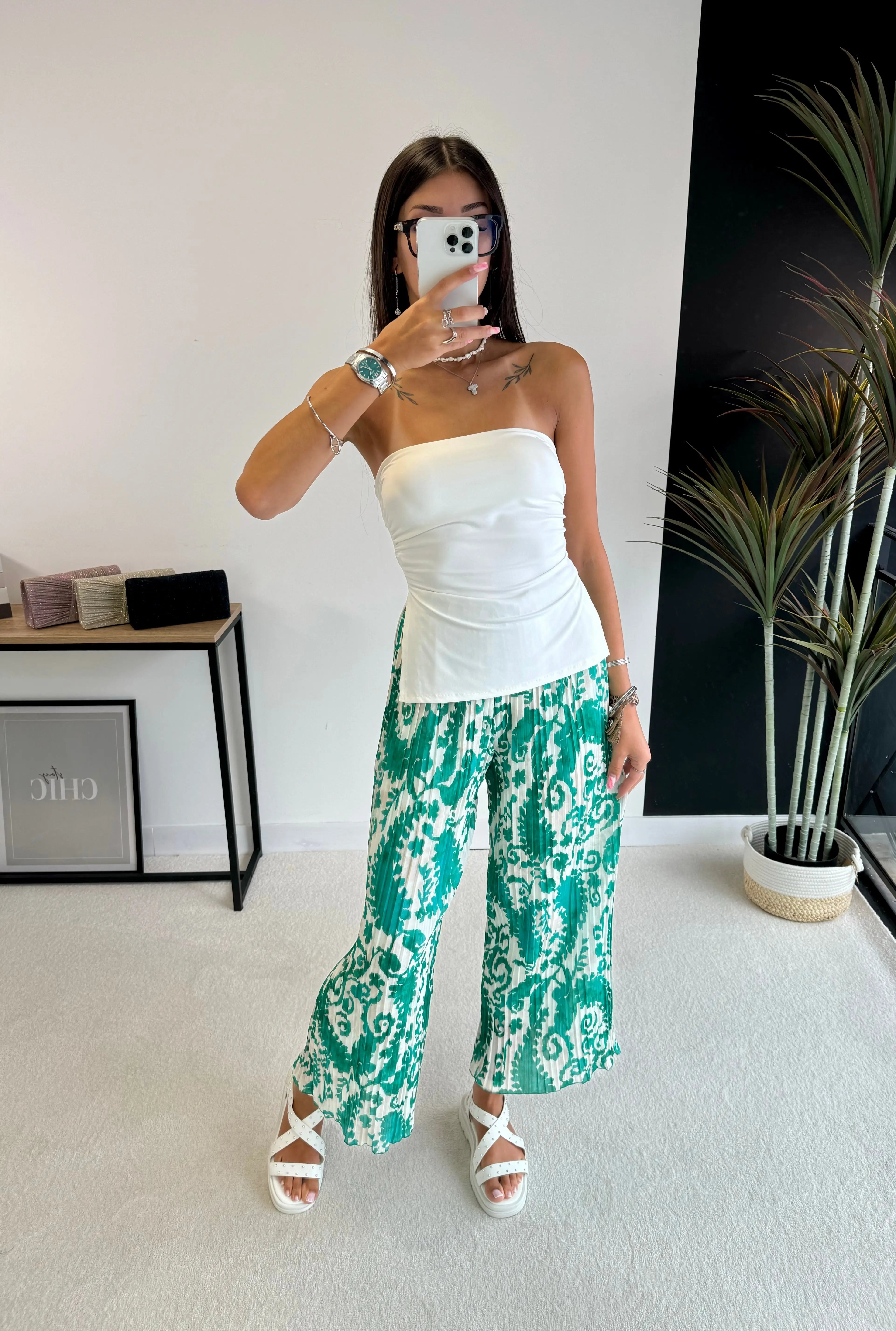 Pantalon plissé vert à motifs DS.Sélection