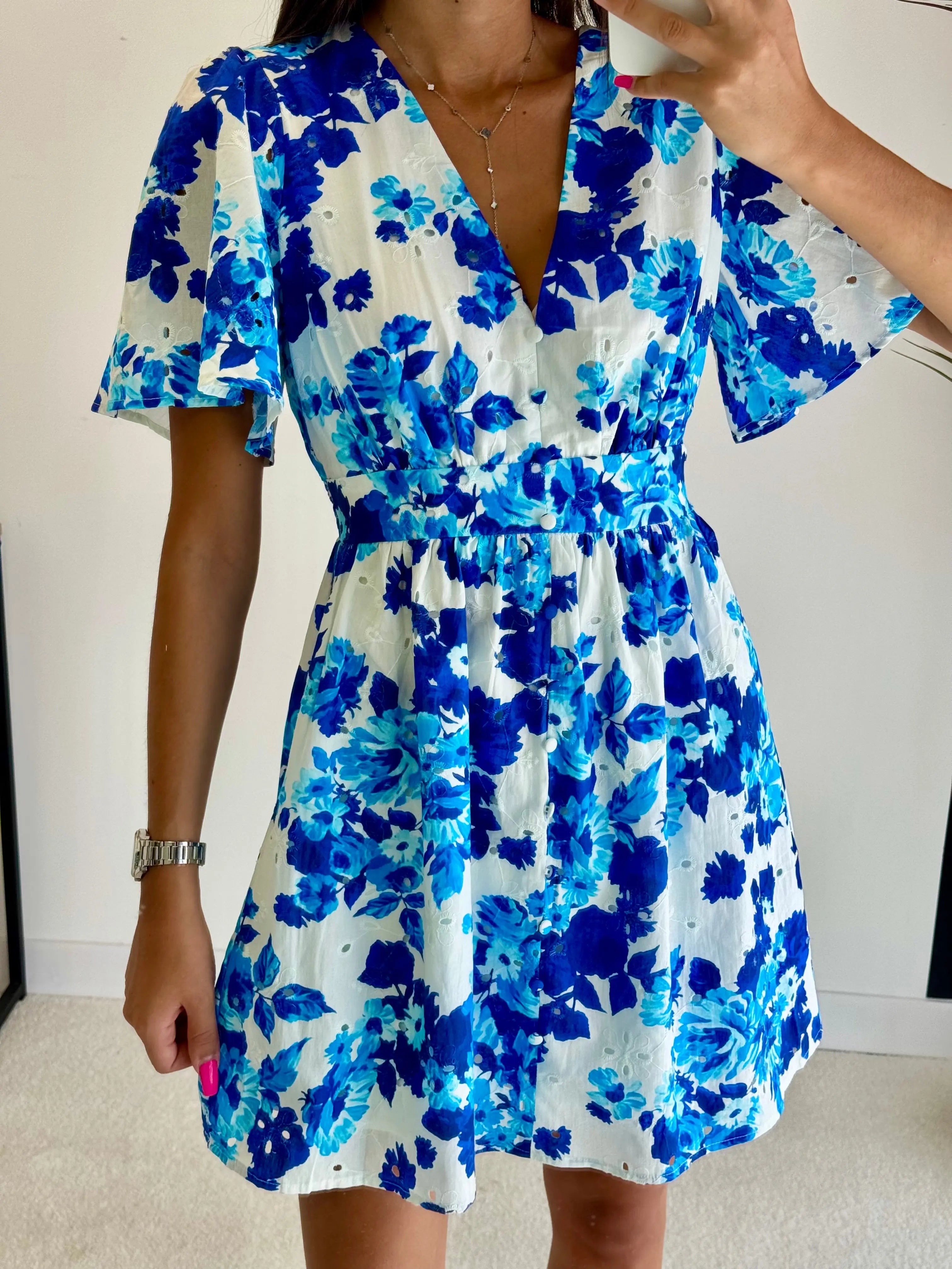 Robe courte brodé bleu DS.Sélection