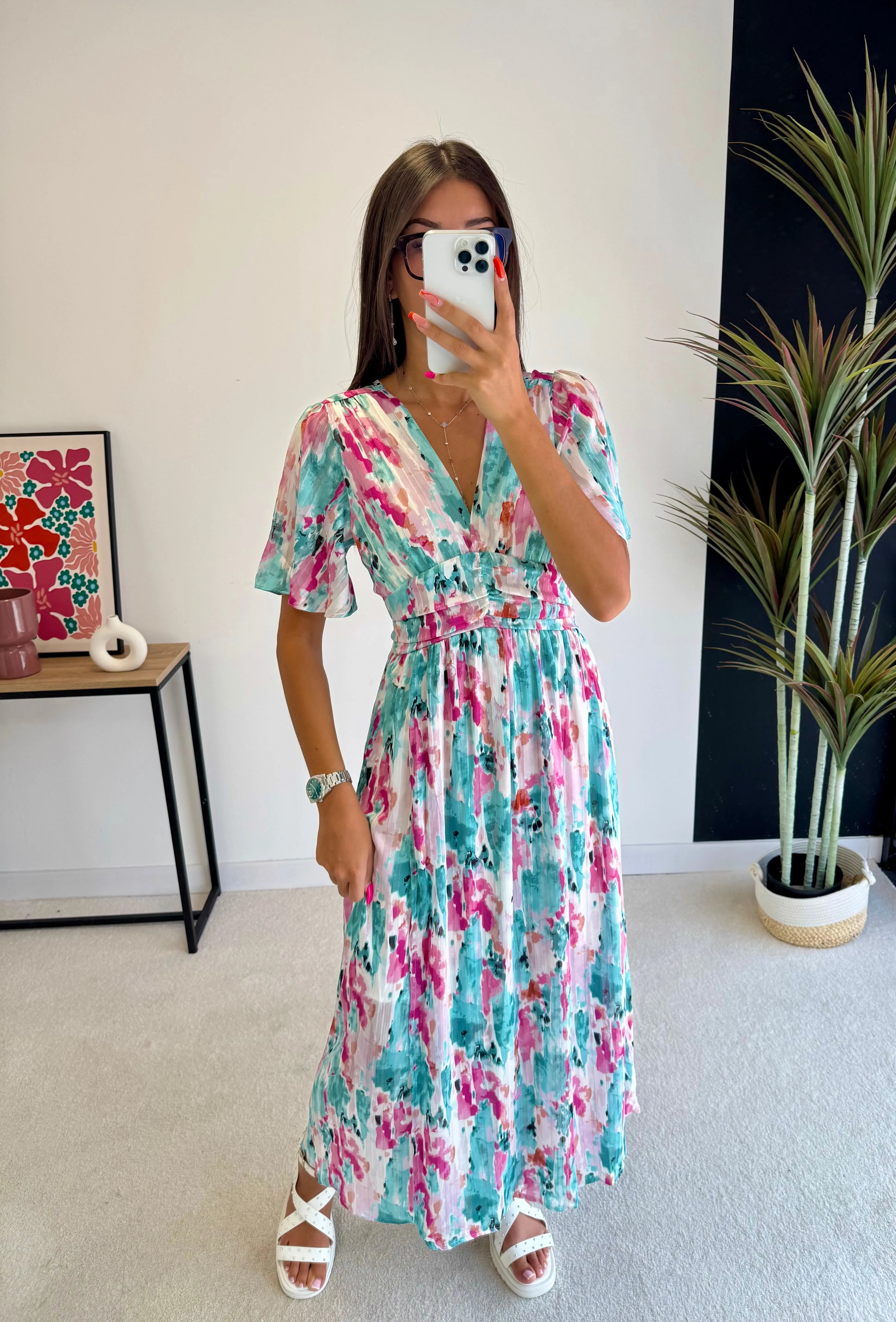 Robe longue turquoise/rose DS.Sélection
