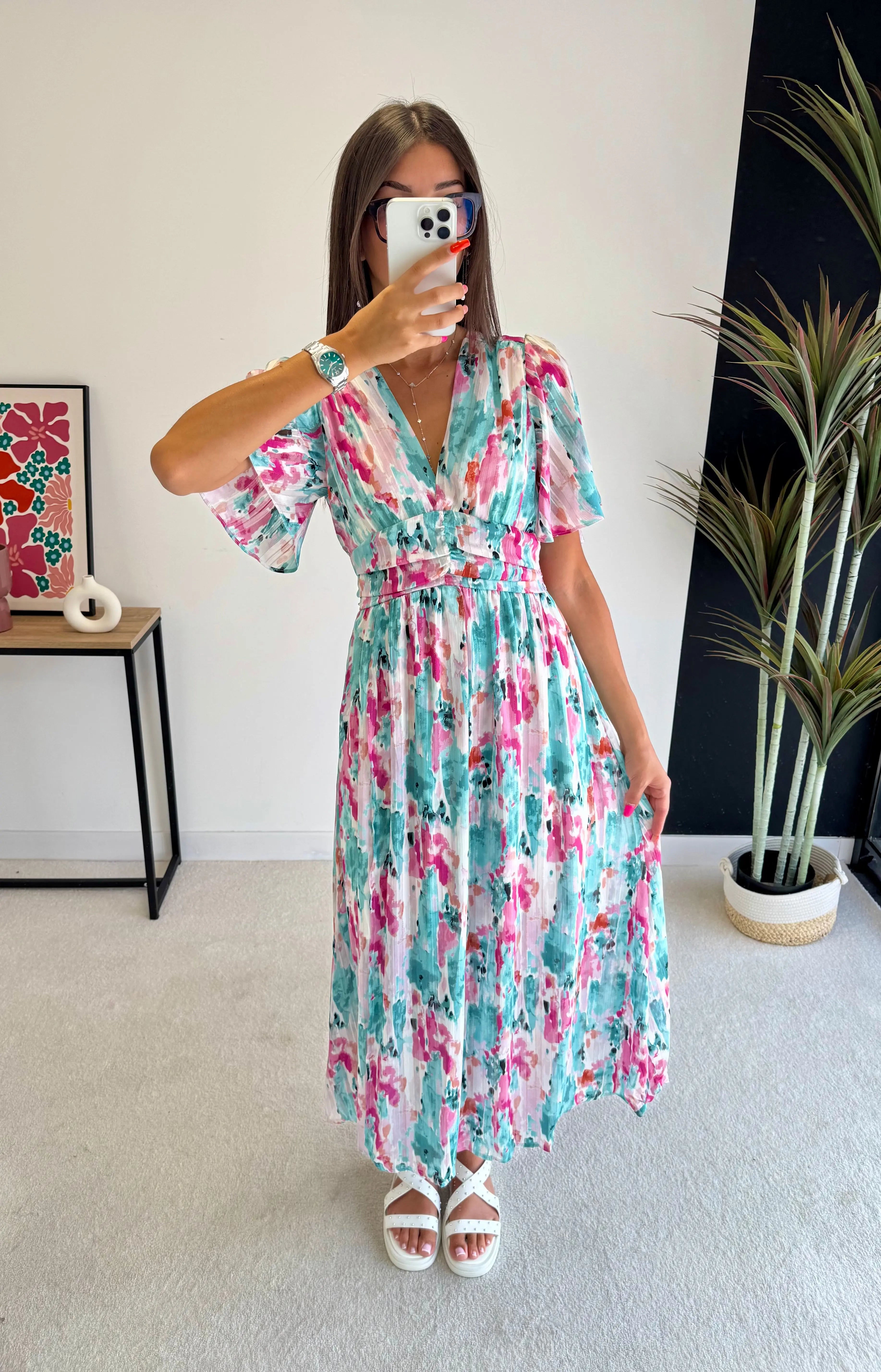 Robe longue turquoise/rose DS.Sélection