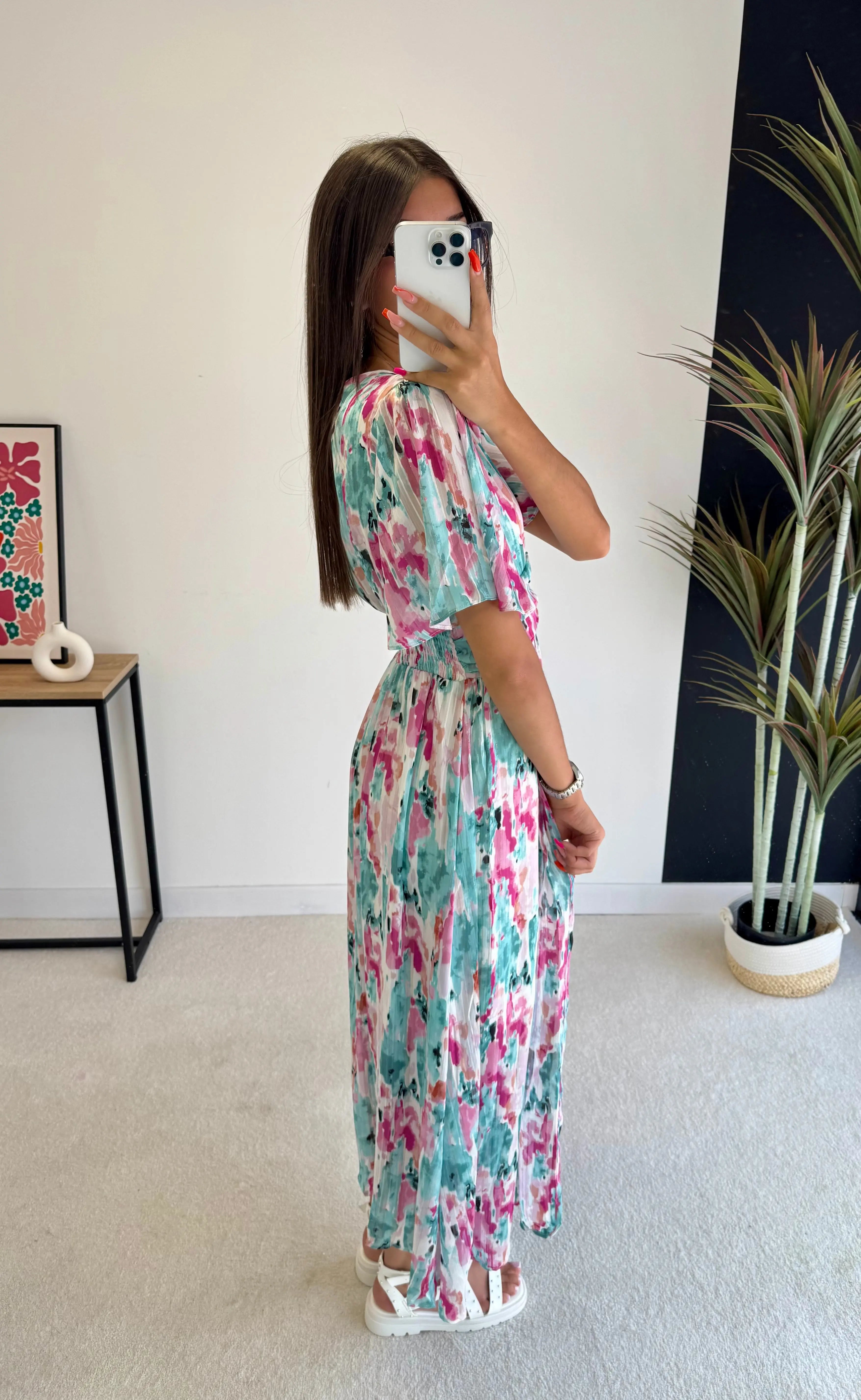 Robe longue turquoise/rose DS.Sélection