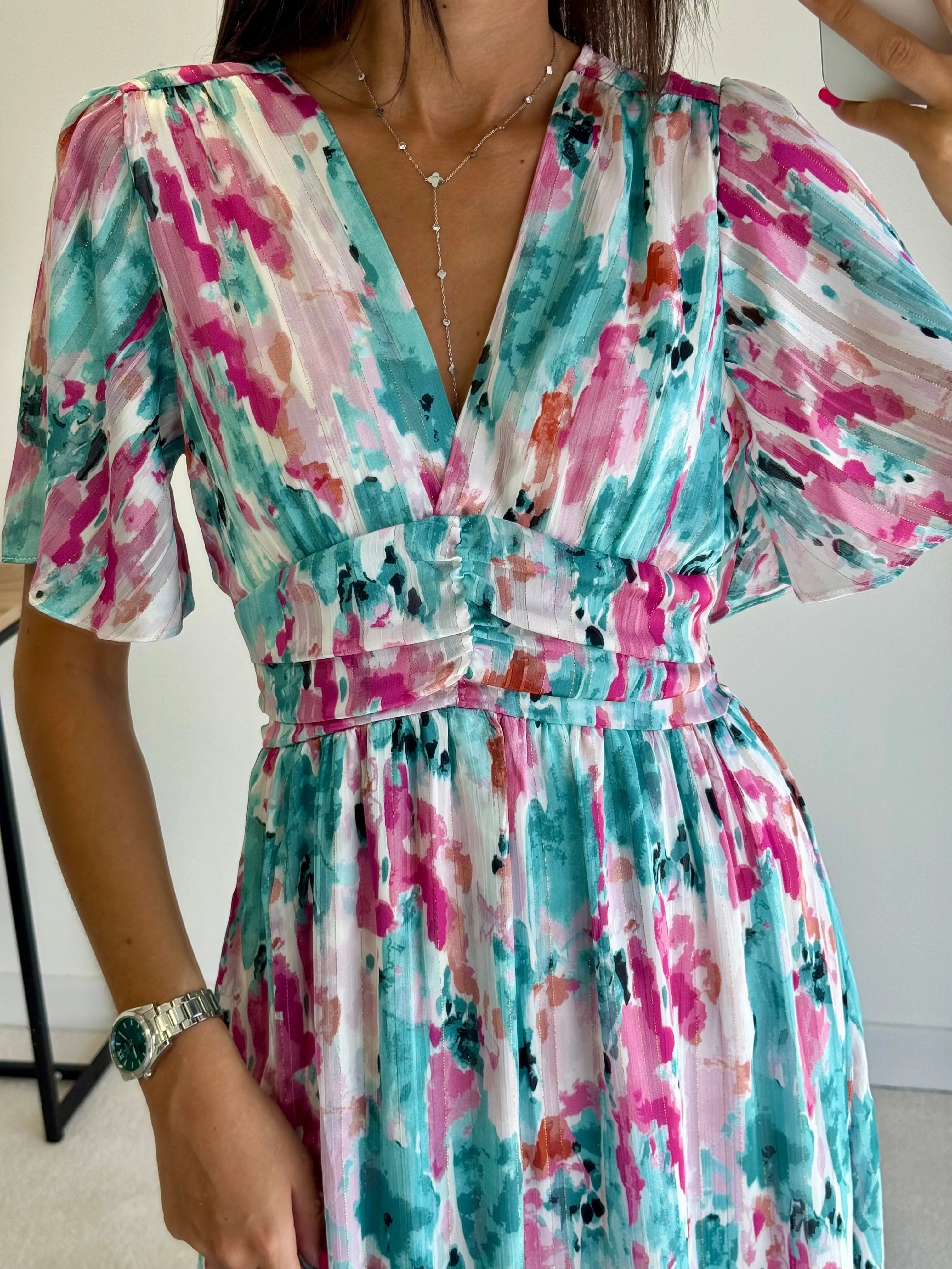 Robe longue turquoise/rose DS.Sélection