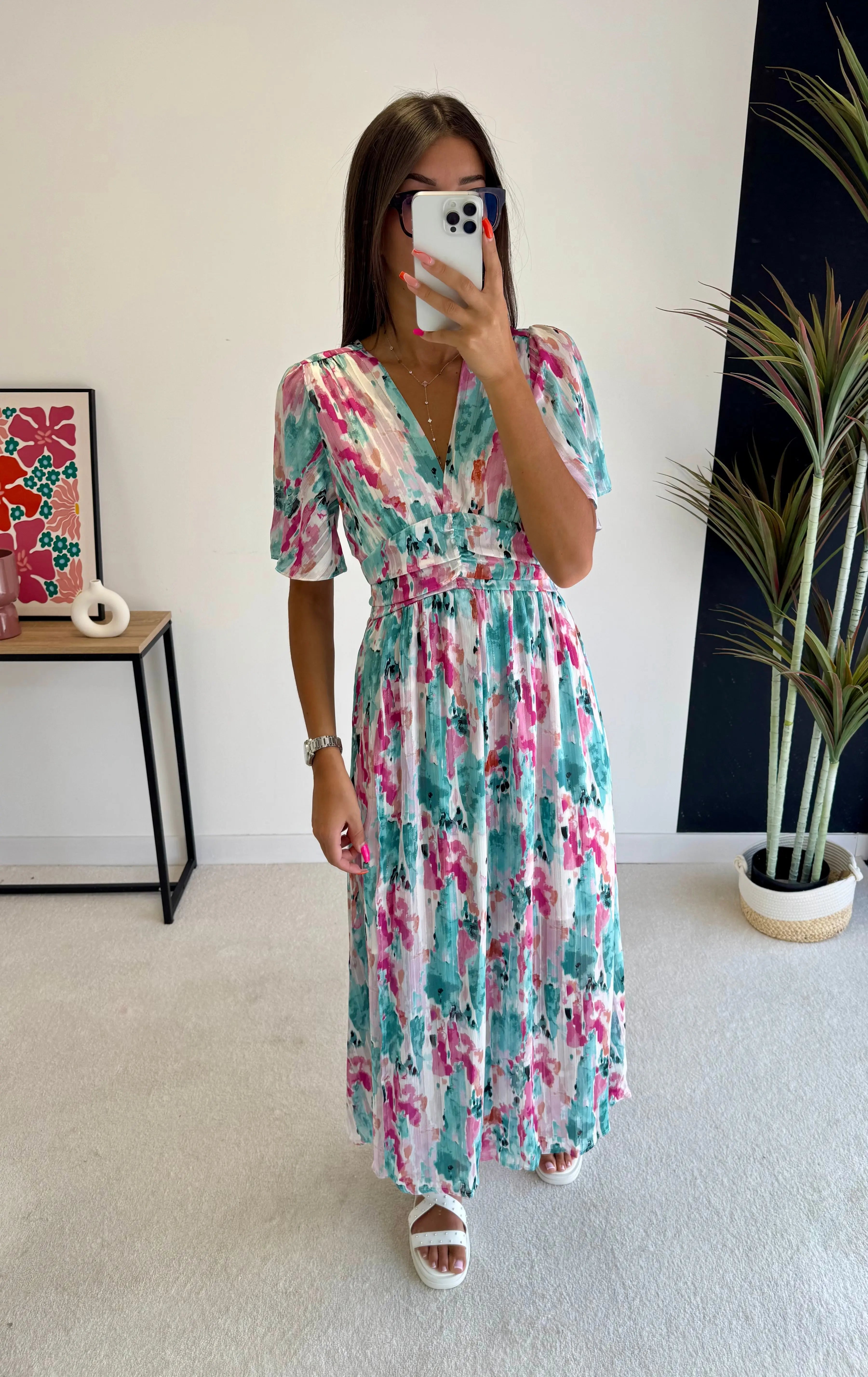 Robe longue turquoise/rose DS.Sélection