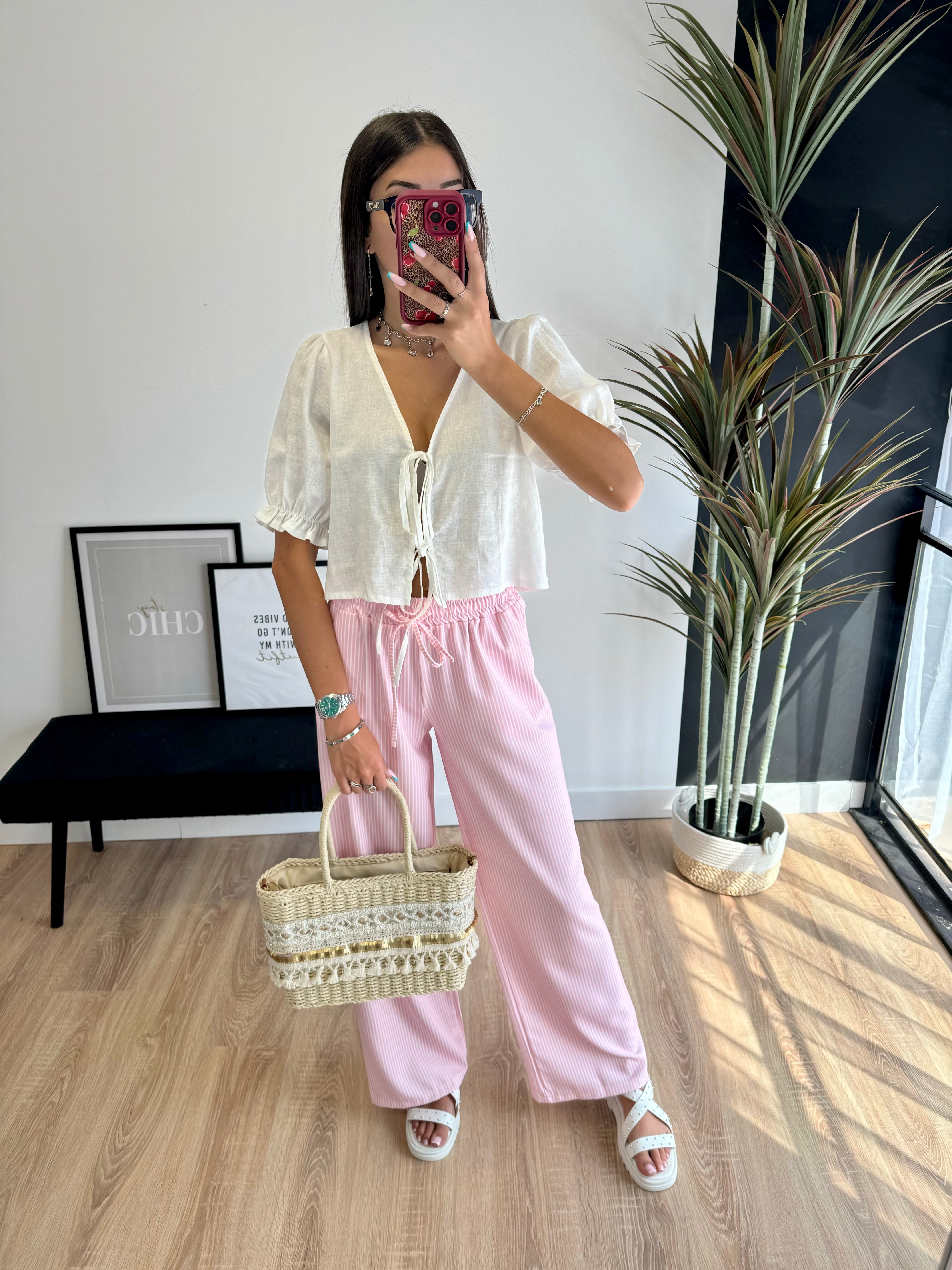 Pantalon à rayures rose