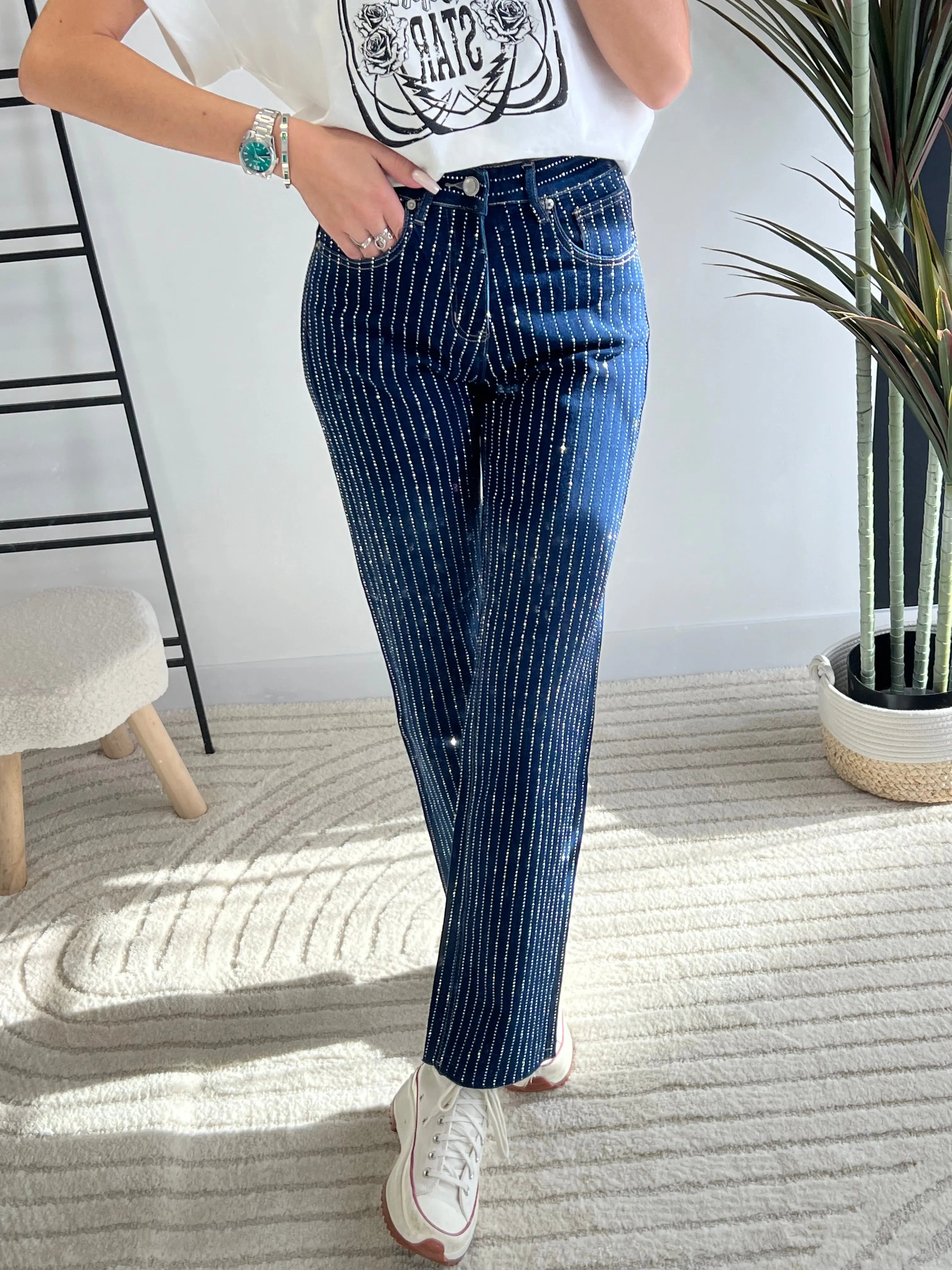 Pantalon à strass bleu brut DS.Sélection