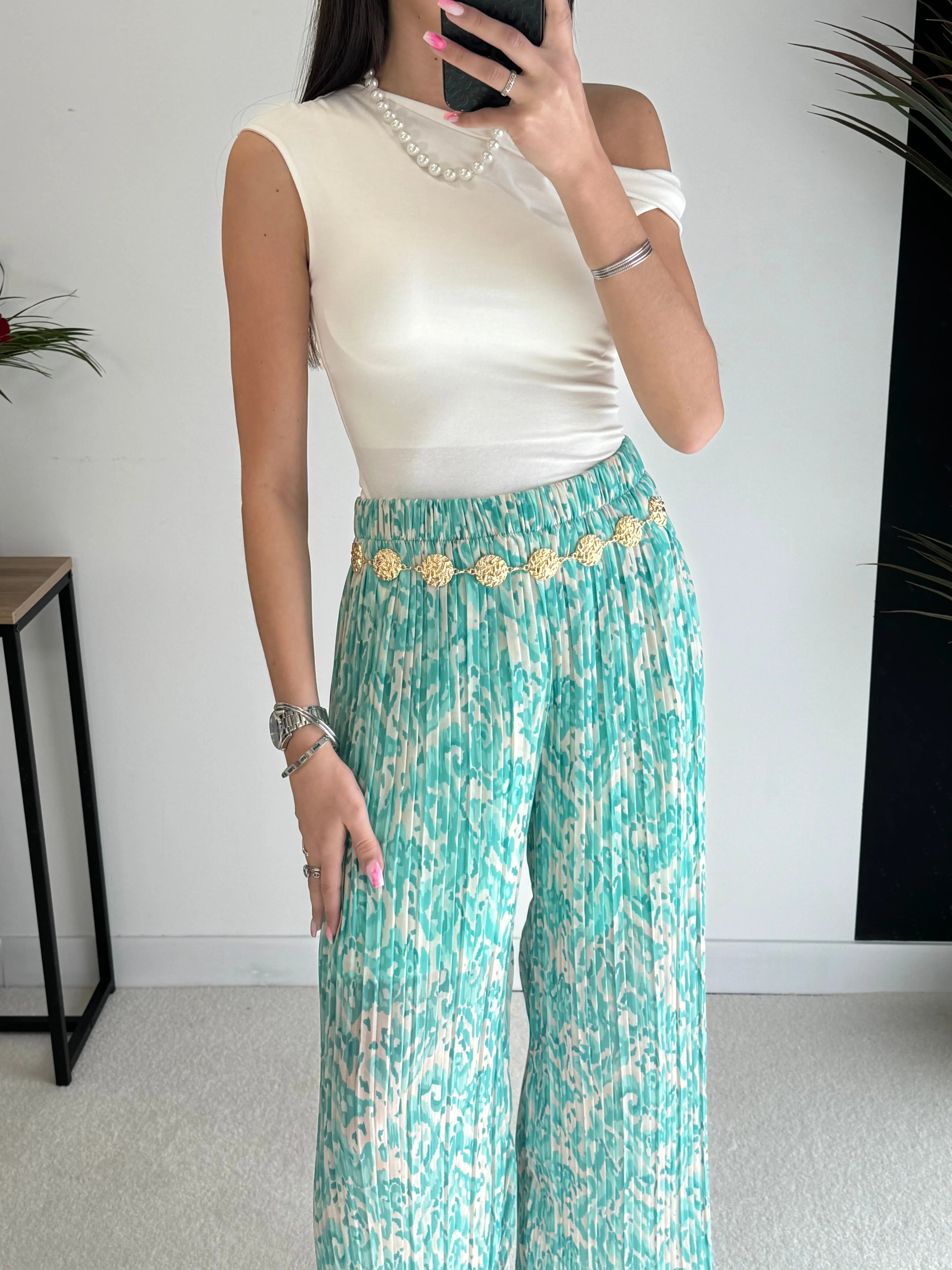 Pantalon plissé à motifs turquoise DS.Sélection