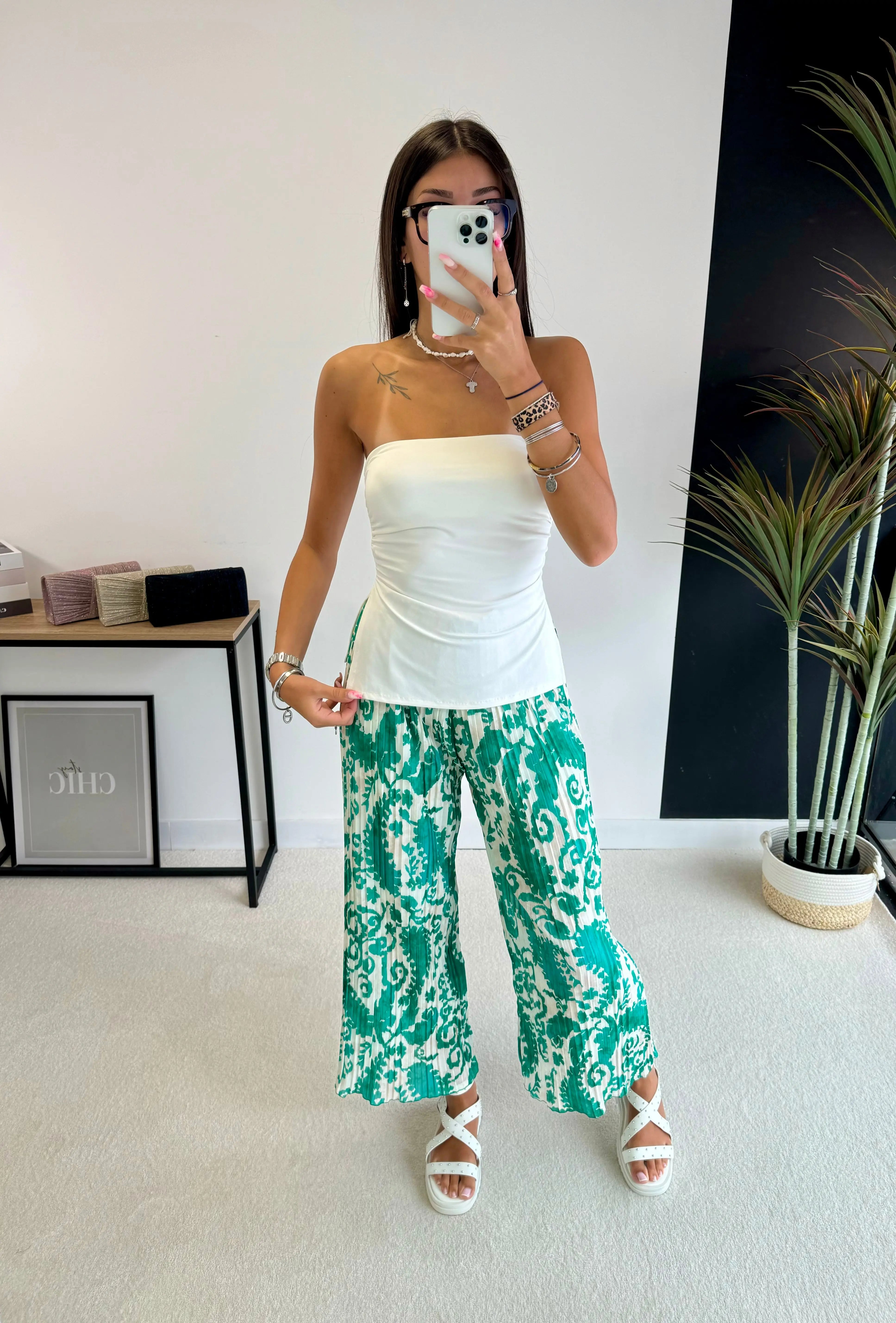 Pantalon plissé vert à motifs DS.Sélection