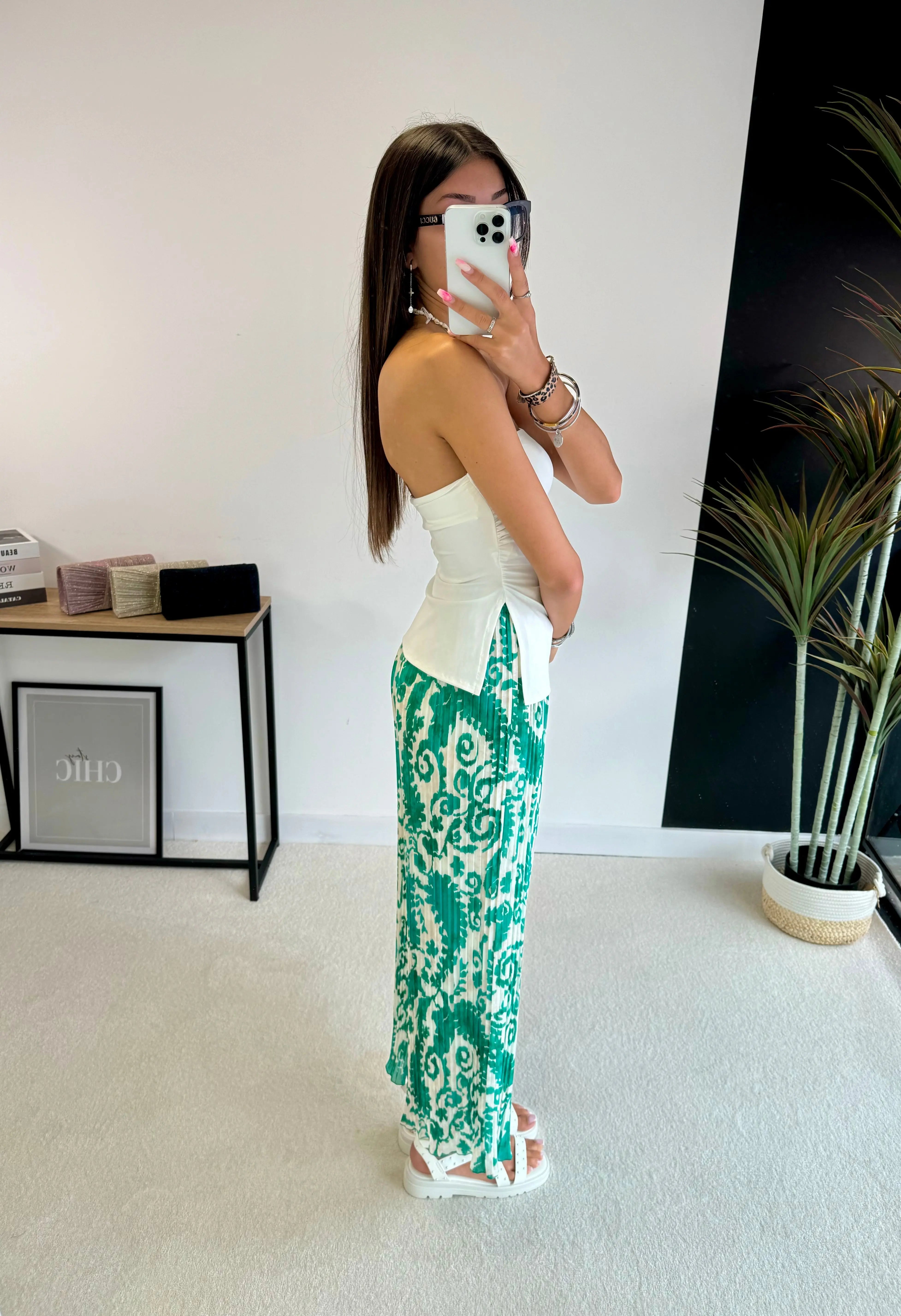 Pantalon plissé vert à motifs DS.Sélection