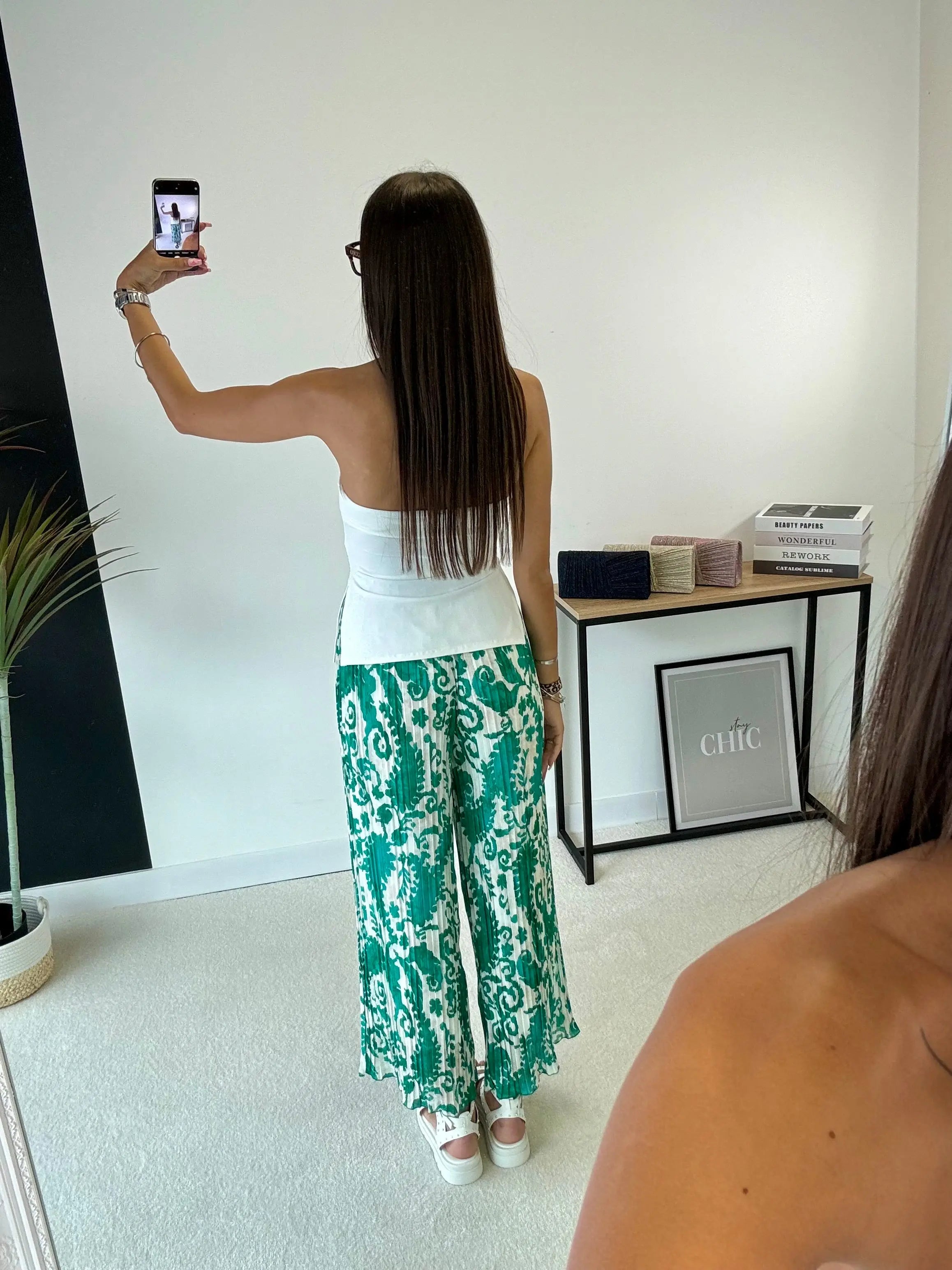 Pantalon plissé vert à motifs DS.Sélection